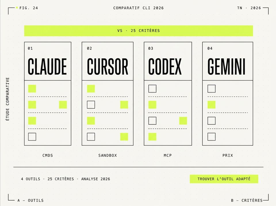 Illustration FIG. 24 — quatre cartes verticales côte à côte CLAUDE/CURSOR/CODEX/GEMINI avec barre lime VS · 25 CRITÈRES au-dessus et étiquettes CMDS/SANDBOX/MCP/PRIX en dessous