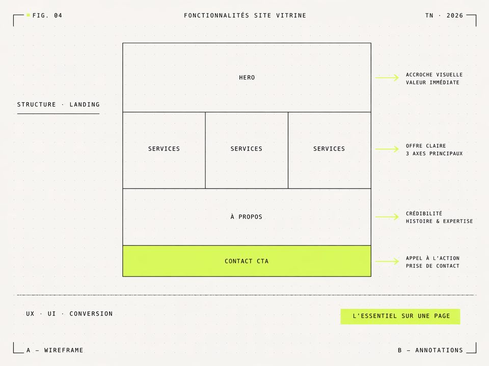 Illustration FIG. 04 — wireframe annoté d un site vitrine avec sections hero services contact
