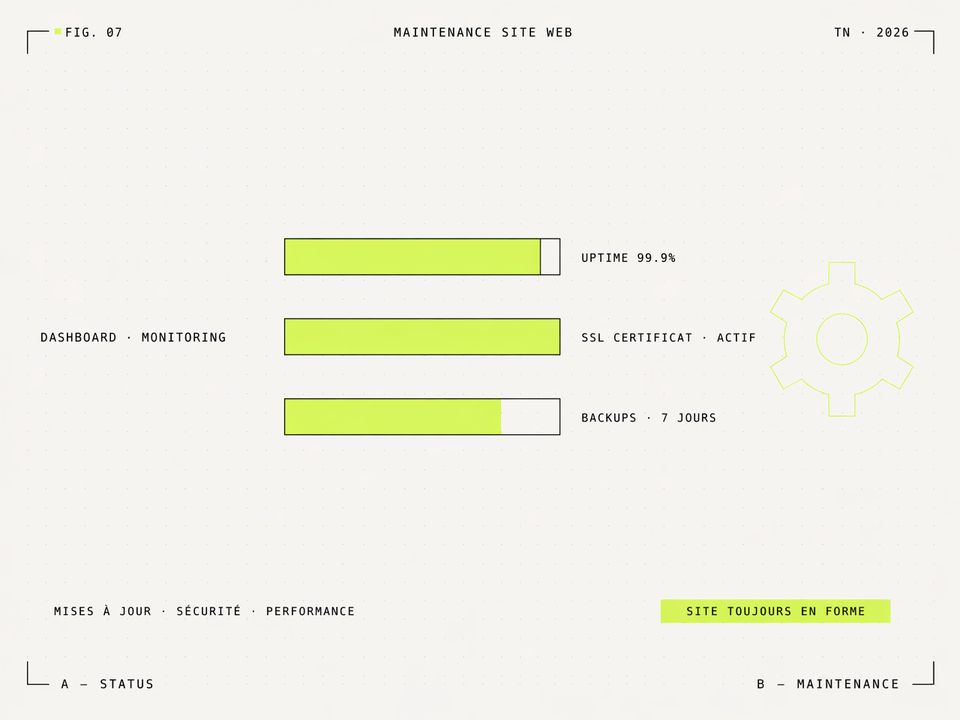 Illustration FIG. 07 — dashboard de maintenance avec barres uptime ssl backups