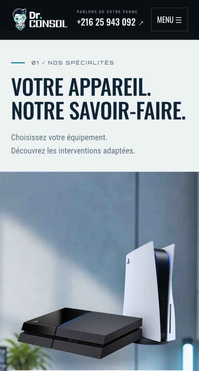 Capture d'écran du site Dr Console & PC sur mobile : section « Votre appareil. Notre savoir-faire. »